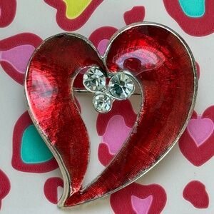 Brooch Glossy Red Enamel Heart with Clear Rhinestones